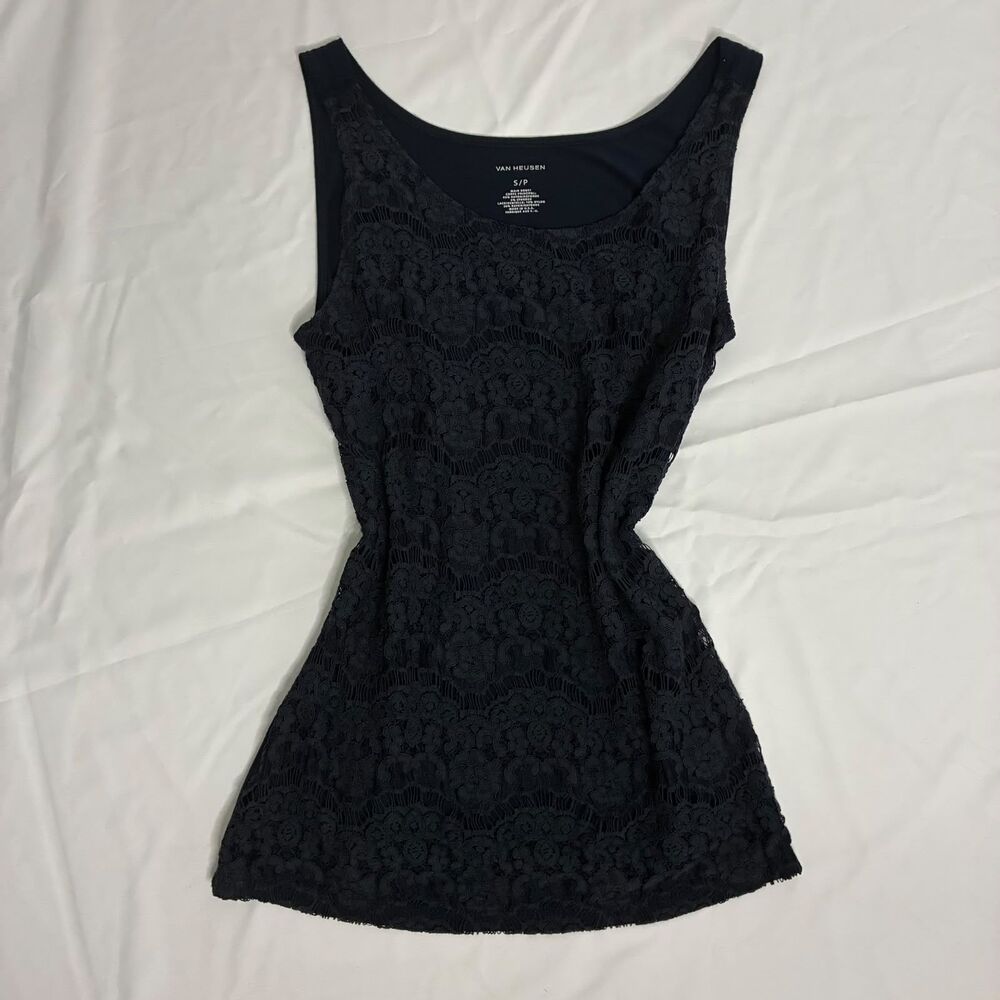 Van-Heusen Coquette Navy Blue Overlay Tank Top, Size Small Petite (S/P)